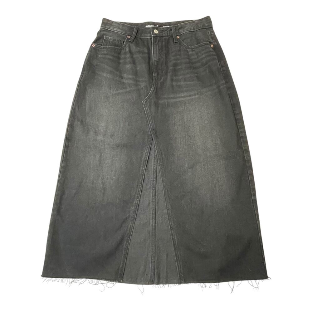 Old Navy Black Denim Maxi Skirt Womens 12 High Rise Raw Hem Jean Skirt